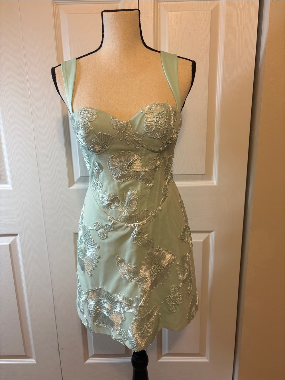 NWT Mint Green Floral Appliqué Corset Mini Dress – Size 4.